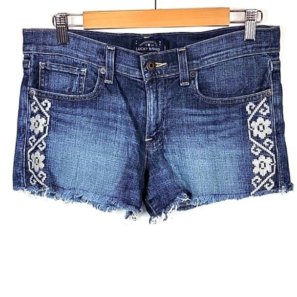 Lucky Brand The Cut Off Floral Embroidered Denim Blue Jean Shorts - size 4/27 - Picture 7 of 7